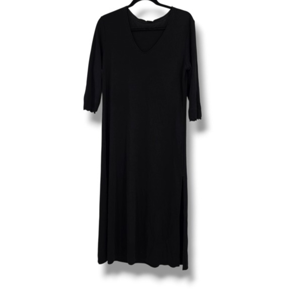 J. Jill Black V-Neck Midi Dress‎ 3/4 Sleeve Lettuce Edge Slit Womens Size Medium